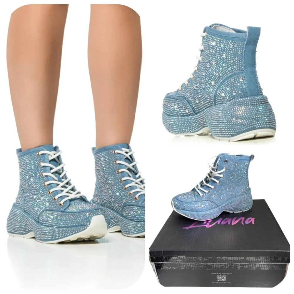 NIB QUEENDOM-1 Blue Denim RHINESTONE PLATFORM SNEAKERS 6